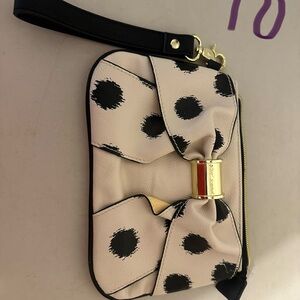 Betsey Johnson Cream and Black Polka Dot Bow Wristlet Clutch with Gold Accent